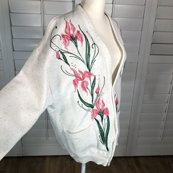Vtg 90s Jerzees White Sweatshirt Cardigan OS Large Hand Painted Pink Floral - Picture 2 of 11